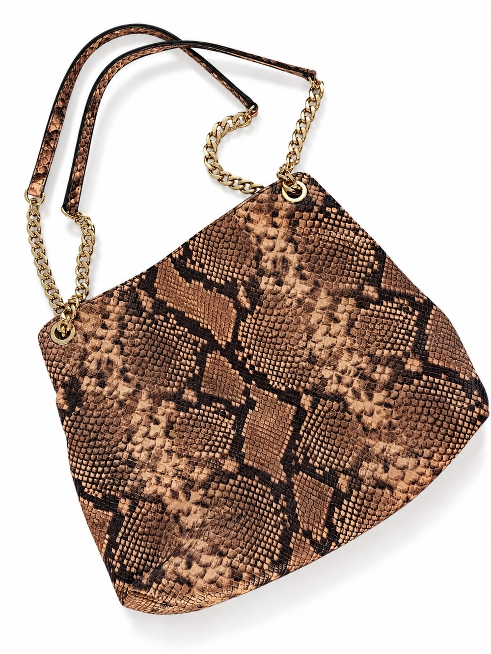 Michael Kors Brown Python Snake-Print Shoulder Hobo Bag with Gold Chain